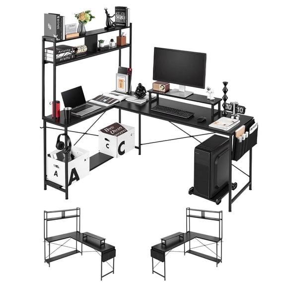 VEVOR L-Shaped Computer Desk, 67-inch Reversible Corner Gaming Desk with Monitor Stand & Movable CPU Stand, Modern Stylish PC Table Sturdy Work Workstation for Home Office - Easy to Assembly