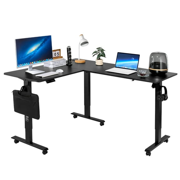 VEVOR L Shaped Desk, Electric Adjustable Height Corner Gaming Desk with Dual Hooks and Wheels, Heavy Duty Carbon Steel L-Shaped Computer Table with Power Strip for Home Office, Easy to Assemble