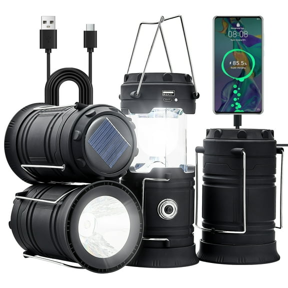 VEVOR LED Camping Lanterns, 4 Pack Rechargeable Camping Flashlights, Solar & USB Charging, Portable Collapsible, Bulit to Last Lights, As Power Bank, for Hiking, Hurricane Emergency, Outrages,Fishing