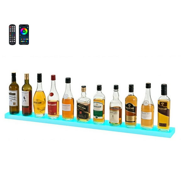 VEVOR LED Lighted Liquor Bottle Display, 1-Tier 48 Inches Whiskey Rack, Supports USB, Illuminated Home Bar Shelf with RF Remote & App Control, 7 Static Colors, Acrylic Lighted Shelf for 12 Bottles