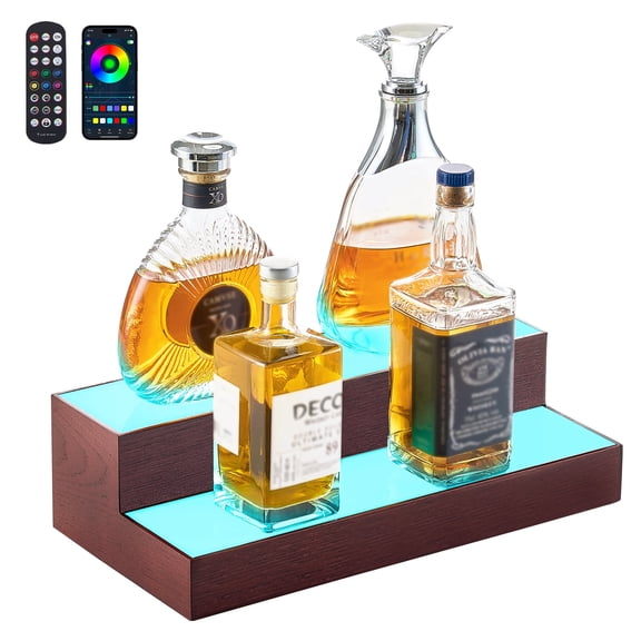 VEVOR LED Lighted Liquor Bottle Display, 2-Tier 16 Inch Whiskey Rack, Supports USB,Illuminated Home Bar Shelf with RF Remote & App Control, 7 Static Colors, Acrylic+ Wood Lighted Shelf for 8 Bottles