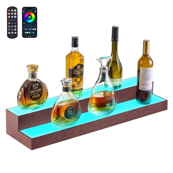 VEVOR LED Lighted Liquor Bottle Display, 2-Tier 30-Inch Whiskey Rack, Support USB,Illuminated Home Bar Shelf with RF Remote & App Control, 7 Static Colors, Acrylic+ Wood Lighted Shelf for 15 Bottles