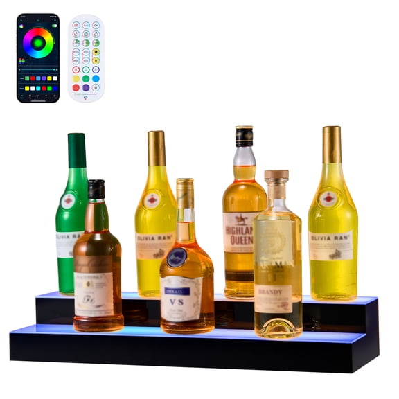 VEVOR LED Lighted Liquor Bottle Display, 2 Tiers 24 inches, Supports USB, Acrylic Illuminated Home Bar Shelf Display with RF Remote & App Control, 9 Static Colors, Timing Mode, for 12-16 Bottles