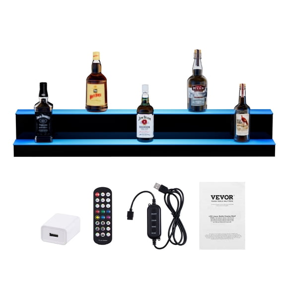 VEVOR LED Lighted Liquor Bottle Display, 2 Tiers 40 Inch Commercial Illuminated Home Bar Shelf, 2 Steps Whiskey Rack Stand, Acrylic Drink Shelves with RF Remote & App Control, and Multicolor lighting