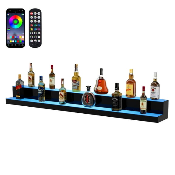 VEVOR LED Lighted Liquor Bottle Display, 2 Tiers 60 Inch Commercial Illuminated Home Bar Shelf, 2 Steps Whiskey Rack Stand, Acrylic Drink Shelves with RF Remote & App Control,and Multicolor lighting
