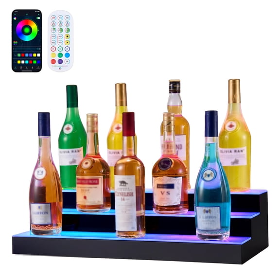 VEVOR LED Lighted Liquor Bottle Display, 3 Tiers 24 inches, Supports USB, Acrylic Illuminated Home Bar Shelf Display with RF Remote & App Control, 9 Static Colors, Timing Mode, for 18-24 Bottles
