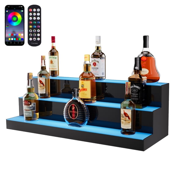 VEVOR LED Lighted Liquor Bottle Display, 3 Tiers 30 Inch Commercial Illuminated Home Bar Shelf, 3 Steps Whiskey Rack Stand, Acrylic Drink Shelves with RF Remote & App Control, and Multicolor lighting