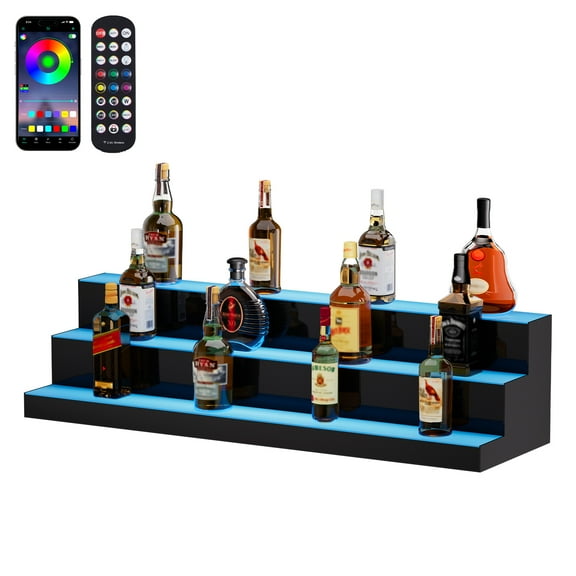 VEVOR LED Lighted Liquor Bottle Display, 3 Tiers 40 Inch Commercial Illuminated Home Bar Shelf, 3 Steps Whiskey Rack Stand, Acrylic Drink Shelves with RF Remote & App Control, and Multicolor lighting