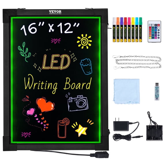 VEVOR LED Message Writing Board,16"x12" Illuminated Erasable Lighted Chalkboard, Neon Effect Menu Sign Board, Drawing Board with 8 Fluorescent Chalk Markers and Remote Control, for Home Wedding Shop