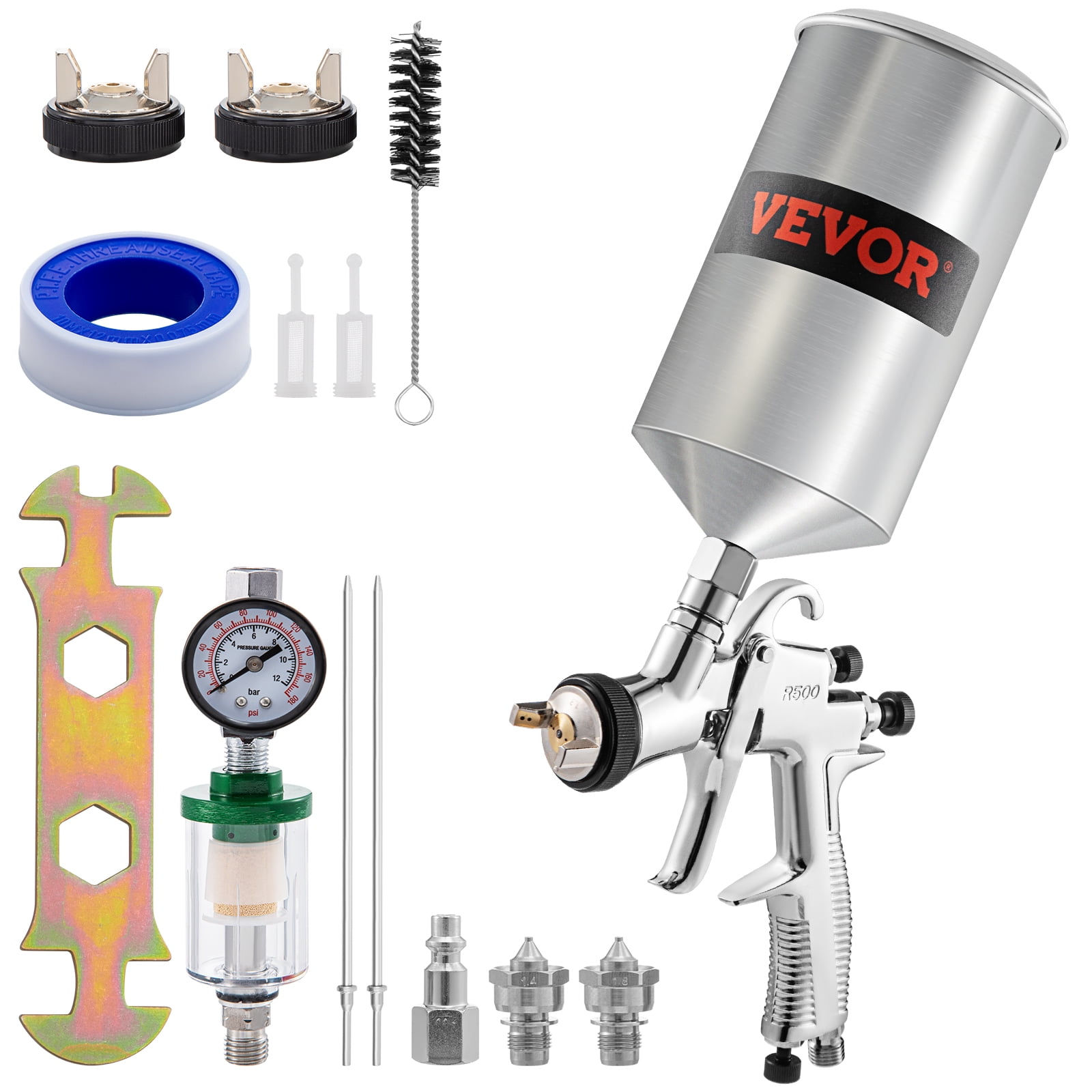 VEVOR LVLP Auto Paint Spray Gun, High Performance Paint Sprayer Gun with 1.3/1.4/1.8mm Nozzles 1000ml Capacity, MPS Adapter and Air Regulator for