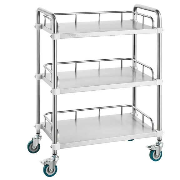 VEVOR Lab Rolling Cart, 3-Shelf Stainless Steel Rolling Cart, Lab Serving Cart with Swivel Casters, Dental Utility Cart for Clinic, Lab, Hospital, Salon, 26.38"x15.55"x34.13"