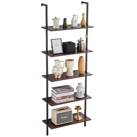 VEVOR Ladder Shelf, 5-Tier Bookshelf 24x11.8in, Open Wall-Mounted Ladder Shelf with Metal Frame,Storage Rack Sundries Holder for Kitchen Bedroom Bathroom Living Room, Black