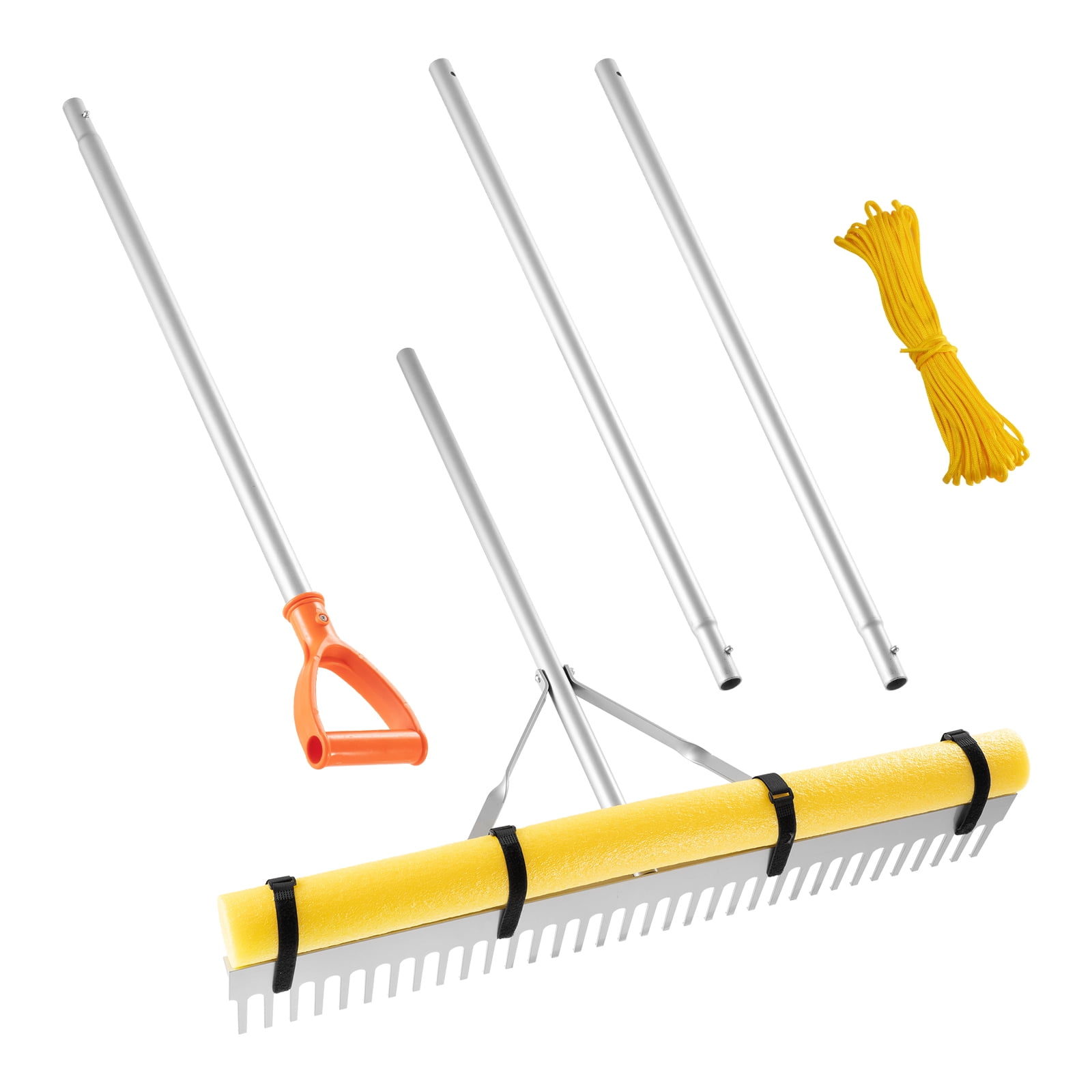 VEVOR Landscape Rake, 36 inch Wide Head 133 inch Handle, Large Heavy Duty Aluminum Landscaping Leaf Rake Tool, Asphalt Level for Loosening Soil, Garden & Yard, Pond Gravel & Beach Lawn Care,52ft Rope