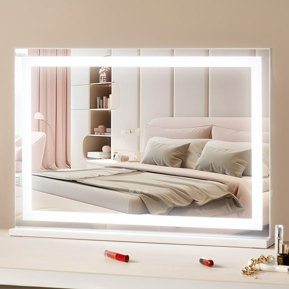 VEVOR Large Vanity Mirror with Lights, Three Color Lighting Modes, Lighted Makeup LED Mirror,5X Magnification,USB Port,Smart Touch Control,Desktop Wall-Mounted (31.5x21.7 in, White)