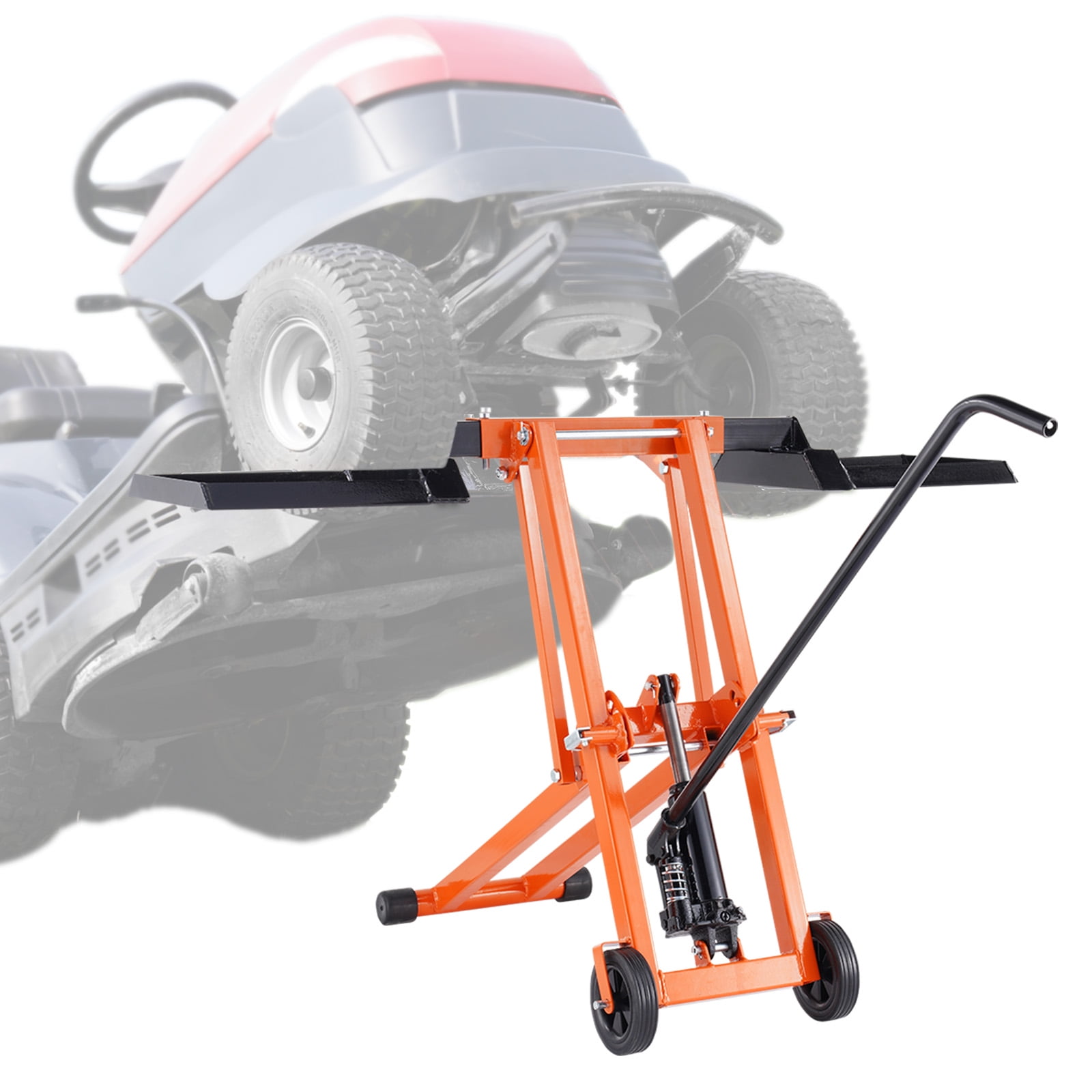 VEVOR Lawn Mower Hydraulic Lift Jack, 500 Lbs Weight Capacity, Carbon Steel Lawn Mower Lift, Adjustable Movable Lawn Lifter for Riding Tractors and Zero Turn Lawn Mowers, Orange