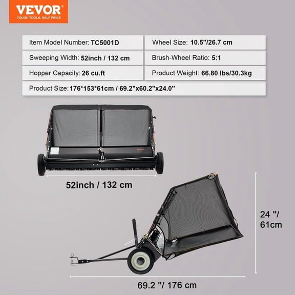 VEVOR Lawn Sweeper Tow Behind, Max. 52 Inch 26 cu.ft. Large Pull Behind Grass Sweeper, Heavy Duty Leaf & Grass Collector with Dumping Rope Design