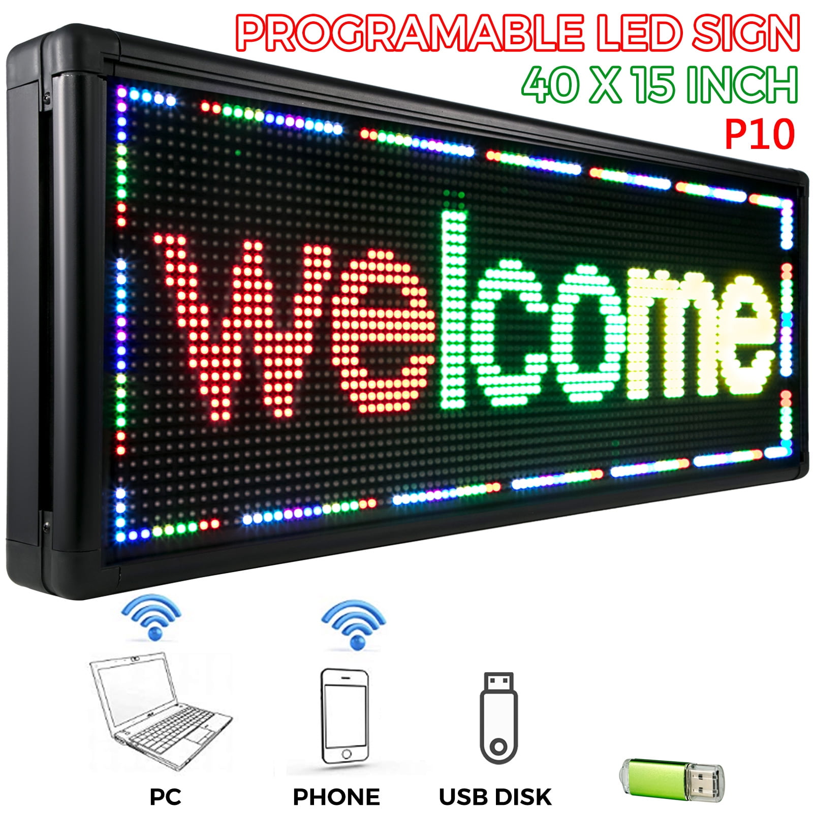 VEVOR Led Sign 40" x 15" Digital Sign Full Color Color with high Resolution P10 Led Scrolling Display Programmable by PC & WiFi & USB for Advertising - Walmart.com