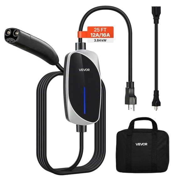 VEVOR Level 1/2 Tesla Charger, 16 Amp, Portable Electric Car EV Charger with 25 ft Charging Cable, 120V-240V, NEMA 6-20P Plug NEMA 5-15 Adapter, LED Indicator, NACS Connector for Tesla Model Y/X/3/S