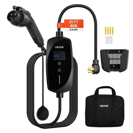VEVOR Level 2 EV Charger,40 Amp Adjustable Current,240V Electric Vehicle Portable Charger with 25 ft Charging Cable, LCD Display,NEMA 14-50P Plug, Plug-in Home Car Charging Station for SAE J1772 EV