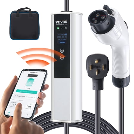 VEVOR Level 2 Portable EV Charger, 40A 240V, Electric Vehicle Charger with 25 ft Charging Cable NEMA 14-50P Plug, 40A/32A/24A/16A Adjustable Current Plug-in Home EV Charging Station for SAE J1772 EVs