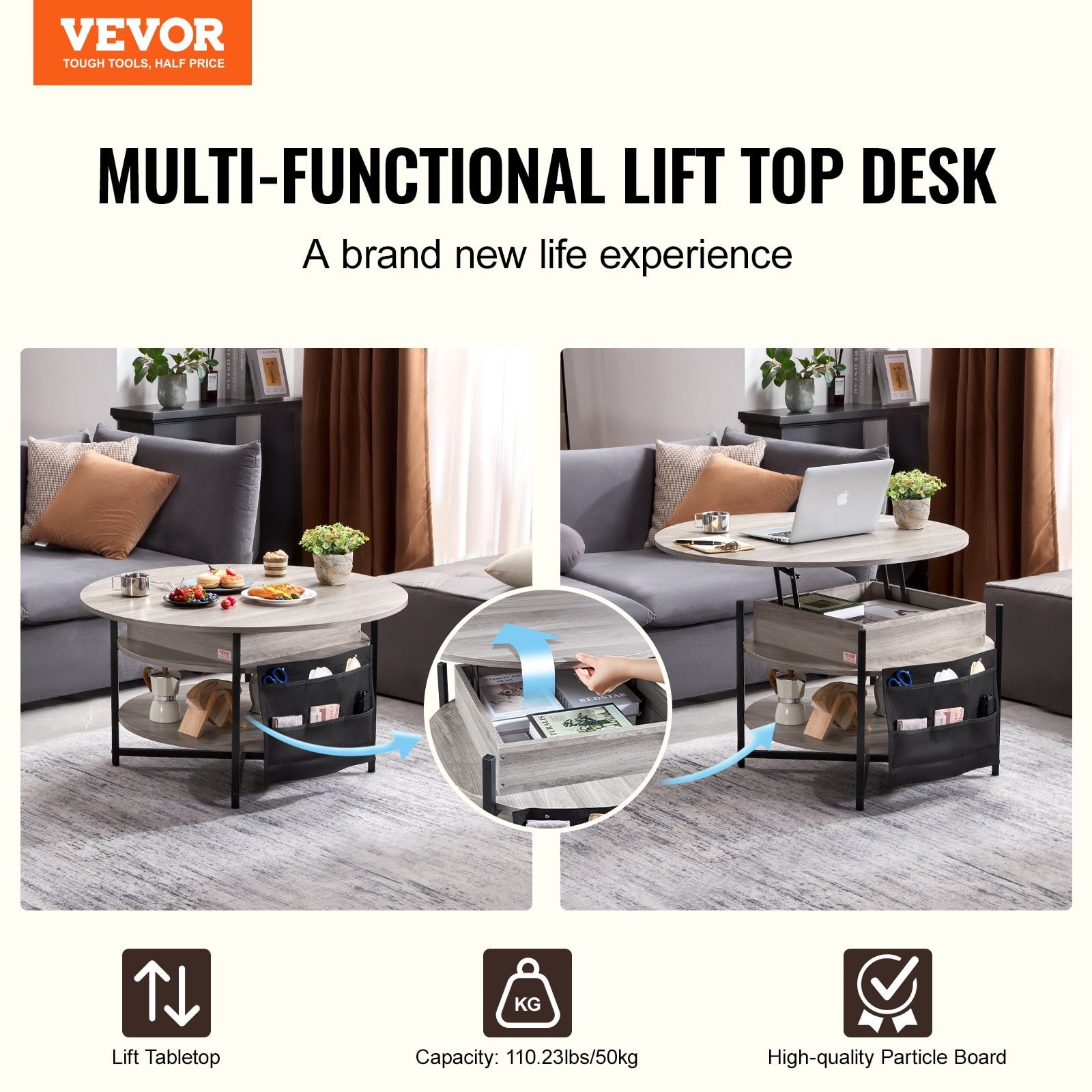VEVOR Round Gray Wood and Metal Lift-Top Coffee Table with Storage