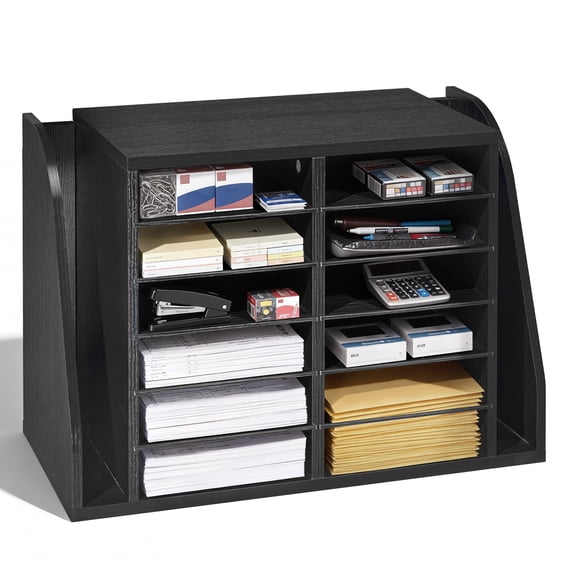 VEVOR Literature Organizer, 12 Compartments Office Mailbox with Side Vertical Storage, Wooden Mailbox Sorter Made of Particle Board, Countertop Office Home  Organizer for File, Document, Paper, Black