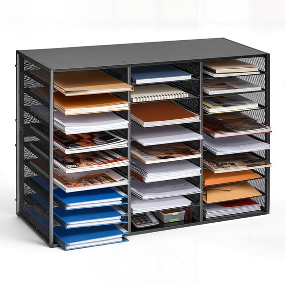 VEVOR Literature Organizer, 27 Compartments Metal Office Mailbox with Detachable Wire Mesh, Mailbox Sorter with Wooden Top, Countertop Office Home Storage Organizer for File, Document, Paper, Black