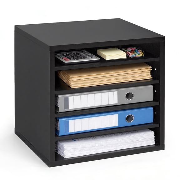 VEVOR Literature Organizer, 5 Compartments Office Mailbox with Adjustable Shelves, Wooden Mailbox Sorter with MDF, Countertop Office Home Classroom Storage Organizer for File, Document, Paper, Black