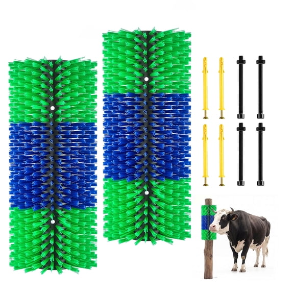 VEVOR Livestock Scratching Brush, 2PCS Goat Scratcher Brush Post with 8 Screws, 16.9" x 7.5" Cow Scratcher for Back Itch Relief, Massage Grooming Scratch Tool for Horse Cattle Sheep Pig, Green & Blue