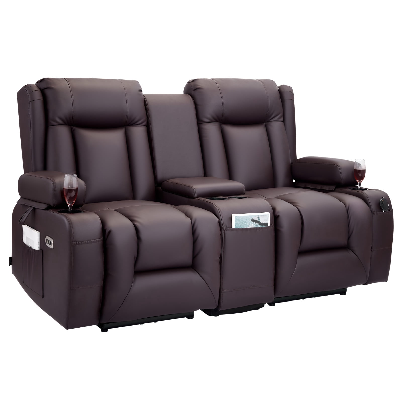 VEVOR Loveseat Recliner Sofa, Power Reclining Couch with Heating & Massage and Timer, PU Leather Electric Recliner Sofa with Center Console, USB Ports, Cup Holders and Side Bags for Living Room
