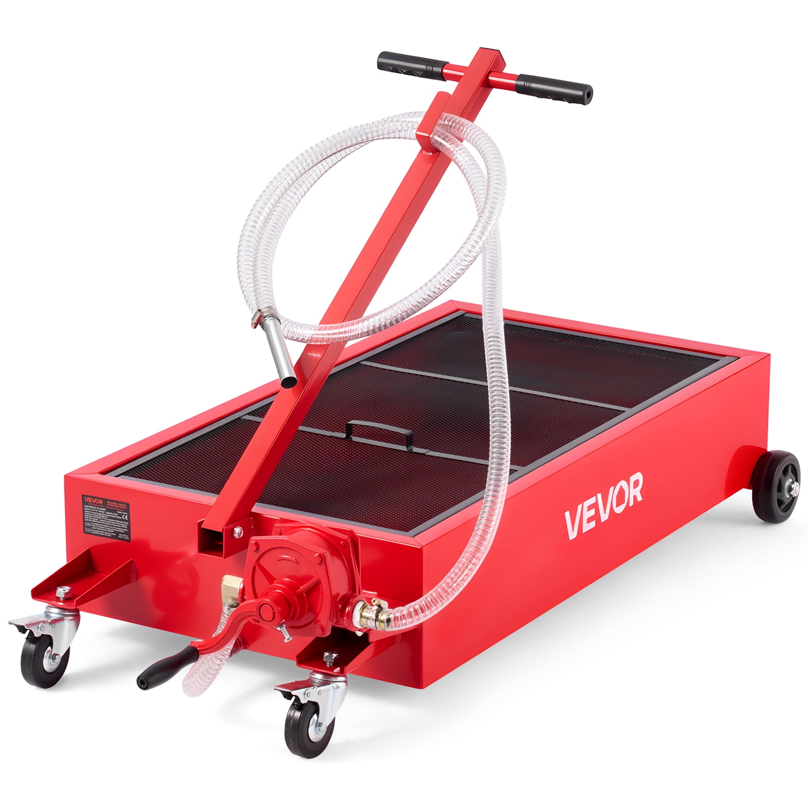 VEVOR Low Profile Oil Drain Pan, 20 Gallon Capacity, Rolling Oil Drain Pan with Manual Pump, 7.2 ft Hose & T Folding Handle, Leak-proof & Corrosion-resistant, Fit for Cars, SUVs, Trucks, ATVs, Red