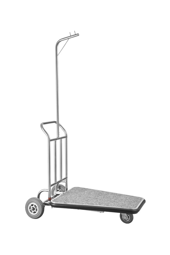 Luggage Cart, 600 LBS Load Capacity, 3 Wheel Stainless Steel Bellman Cart, Valet Cart with Grey Carpeted Deck and Rubber Wheels, Ideal for Convention Centers, Hotels, Rental Properties, Silver