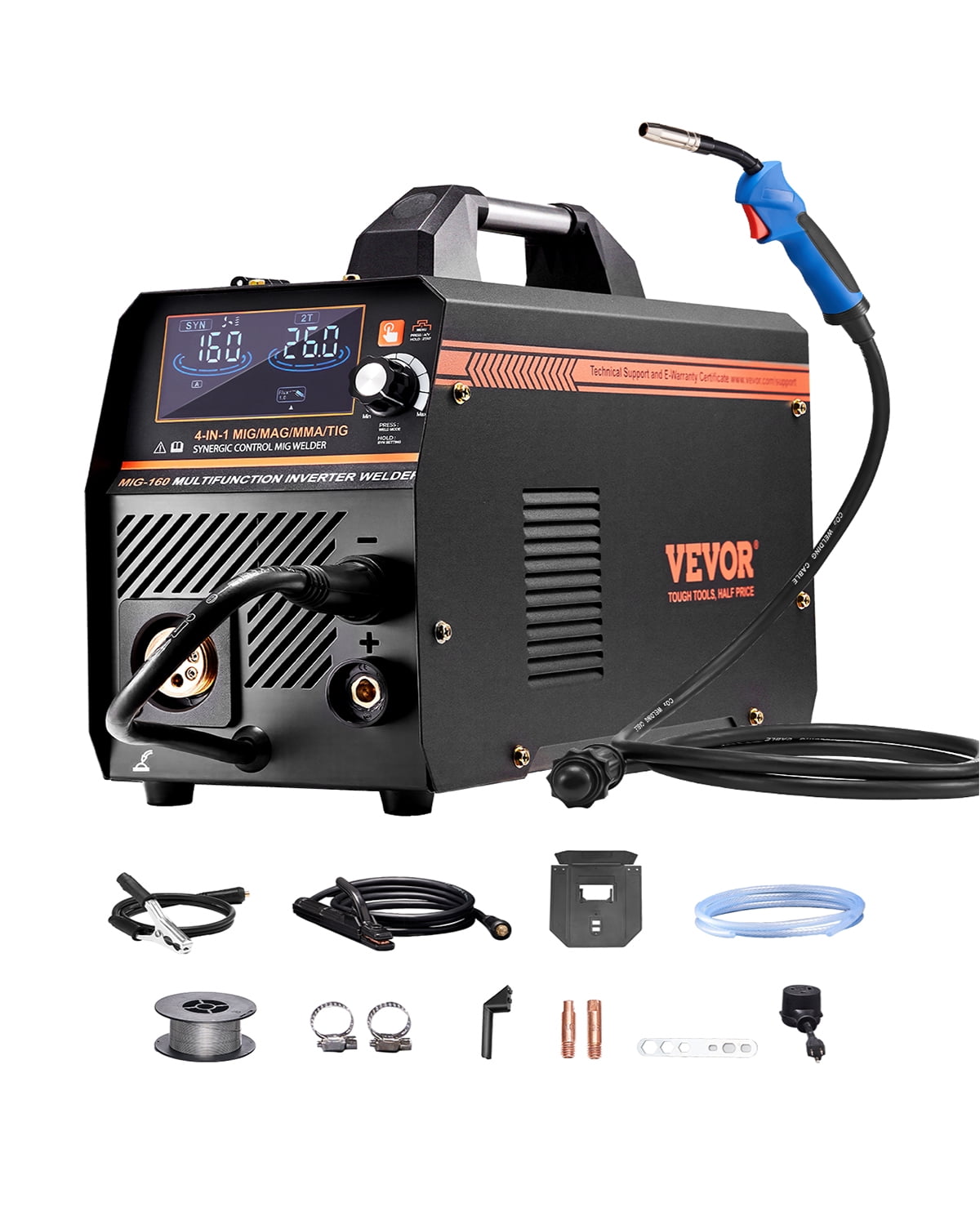 VEVOR MIG Welder, 160A Synergic Mig Welding Machine,4-in-1 Gas MIG/Flux Core MIG/Stick/Lift TIG Multi-Process Welder Machine, 110V/220V Dual Voltage Mig Welder with IGBT Inverter & LCD Screen Display