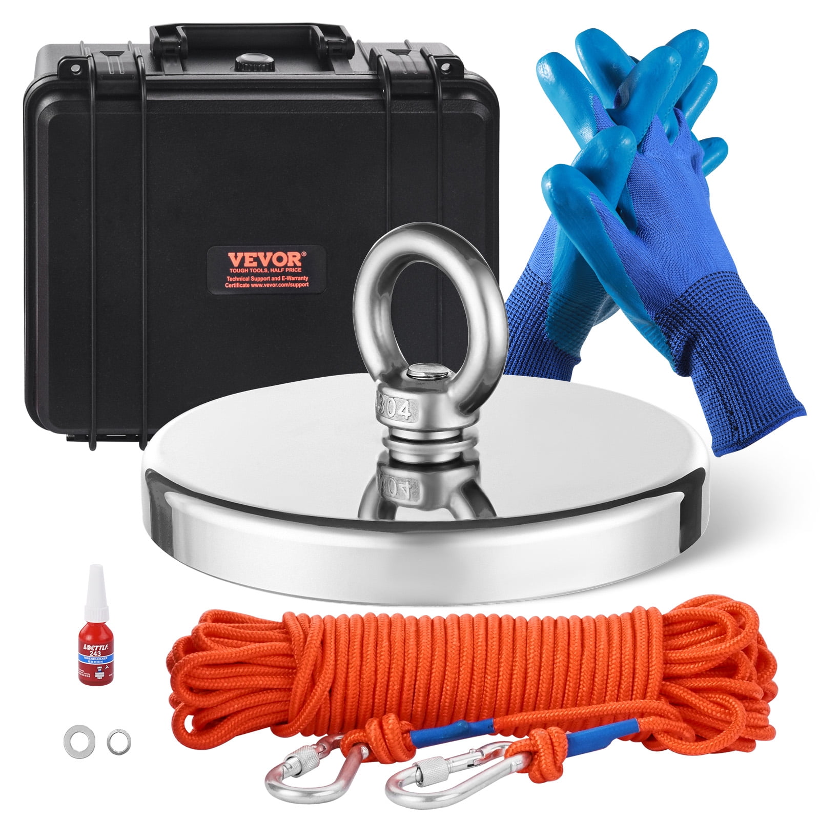 VEVOR Magnet Fishing Kit, 2000 LBS/907 Kg Single-Sided Pulling Force Magnet Fishing Kit, Rare Earth Neodymium Magnetic Fishing Kit Includes Grappling Hook, Heavy Duty Rope, Gloves, Eyebolt, Case