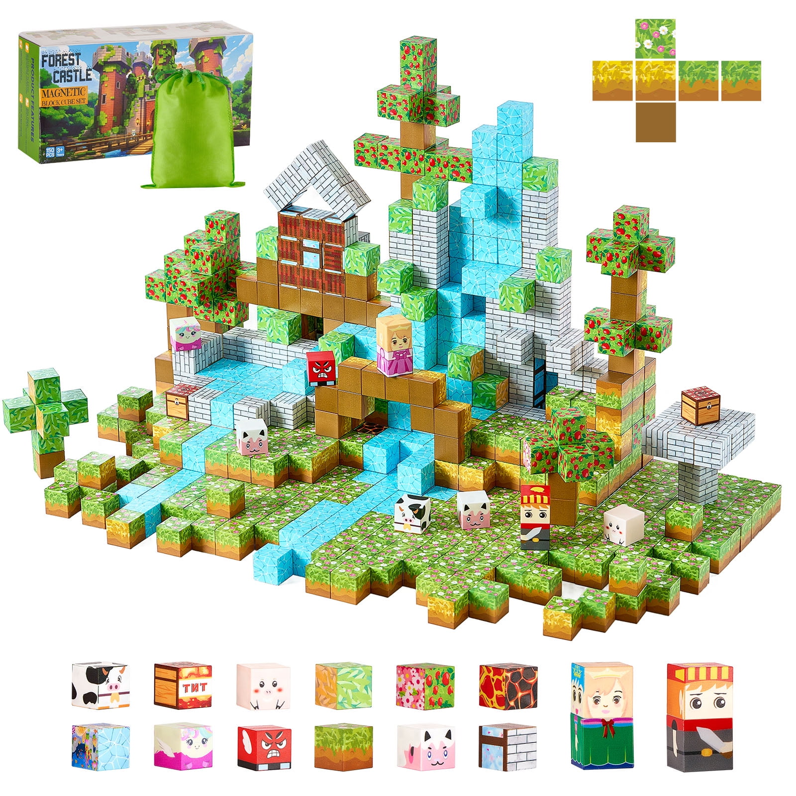 VEVOR Magnetic Blocks, 150 PCS Forest Castle Set, Magnetic Building Cubes for Kids, STEM Montessori Sensory Toys for Christmas Birthday Gift, Construction Stacking Toy for 3+ Years Old Boys & Girls