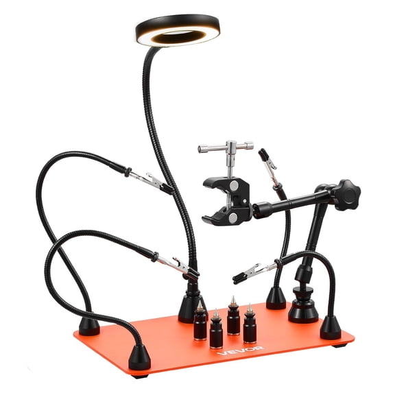 VEVOR Magnetic Helping Hands Soldering Station, Third Hand Soldering Tool with 3X LED Magnifying Lamp, 4 PCB Holders & 360 Hot Air Gun Holder, Heavy-D