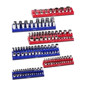 VEVOR Magnetic Socket Organizer Set, 6PCS Socket Holder, 1/4'', 3/8'' & 1/2'' Metric SAE Socket Trays with Clear Labels, Hold up to 143PCS Standard & Deep Sockets, Blue & Red (Sockets Not Included)
