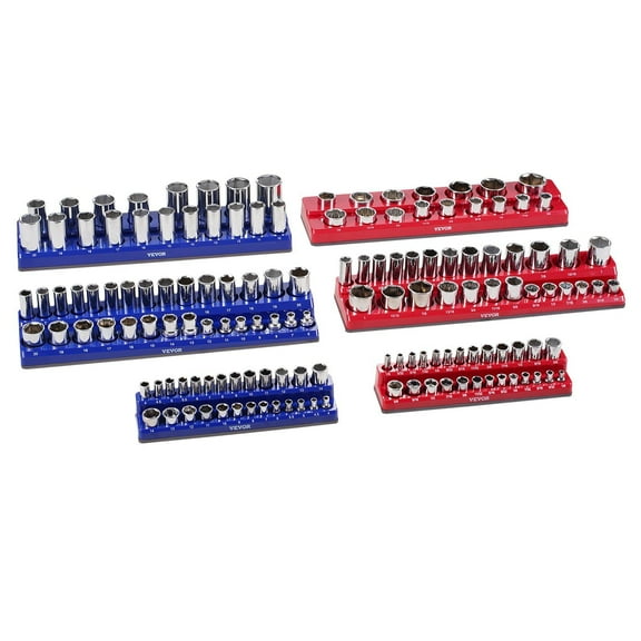 VEVOR Magnetic Socket Organizer Set, 6PCS Socket Holder, 1/4'', 3/8'' & 1/2'' Metric SAE Socket Trays with Clear Labels, Hold up to 143PCS Standard & Deep Sockets, Blue & Red (Sockets Not In