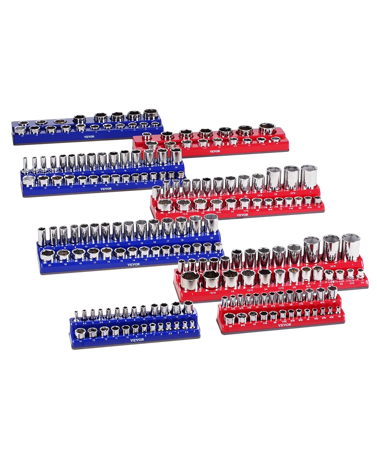 VEVOR Magnetic Socket Organizer Set, 8PCS Socket Holder, 1/4'', 3/8'' & 1/2'' Metric SAE Socket Trays with Clear Labels, Hold up to 199PCS Standard & Deep Sockets, Blaue & Red (Sockets Not Included)