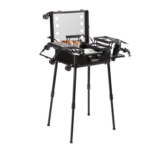 VEVOR Makeup Train Case with Lock, Lighted Mirror, 4 Storage Trays, Brush Holder, Travel Cosmetic Organizer Box w/ Swivel Wheels, Professional Artist Trolley Studio Free Standing Case