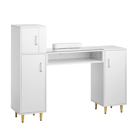 VEVOR Manicure Table, Glass Top Nail Desk, Makeup Dressing Nail Station with Storage Cabinets, Acetone-Resistant Nail Tech Table for Beauty Salon Spa