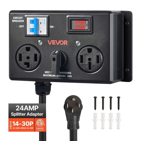 VEVOR Manual EV Charging Switch, NEMA 14-30P to 14-30R & 14-50R, Splitter Switch for Dryer & EV, 24A Max 240V Manual Power Distribution with Circuit Breaker, Hand-Operated Selector, Plug and Play,ETL