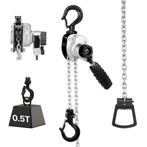 VEVOR Manual Lever Chain Hoist, 1/2T 1100LBS Capacity Heavy Duty Come Along, 5FT Lift G80 Alloy Steel Chain With Dual Pawl Mechanical Brake,360Rotating Hooks, for Warehouse Construction Garage