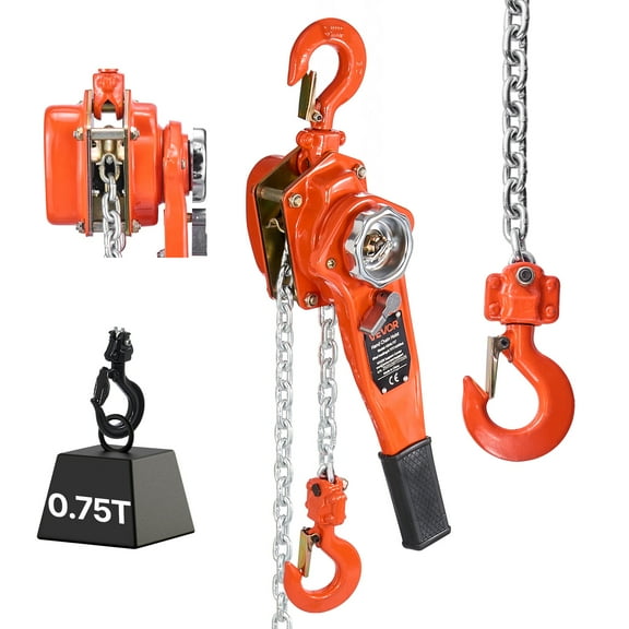 VEVOR Manual Lever Chain Hoist, 3/4T 1650LBS Capacity Heavy Duty Come Along, 5FT Lift G80 Alloy Steel Chain With Dual Pawl Mechanical Brake,360Rotating Hooks, for Warehouse Construction Garage