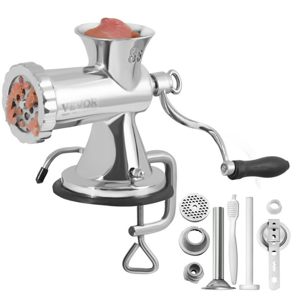 VEVOR Manual Meat Grinder, 304 Stainless Steel Hand Meat Grinder with Suction Cup + Steel Table Clamp, Meat Mincer Sausage Maker & 2 Cutting Plates, Sausage Tube, Grinding Head