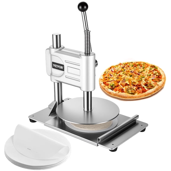 VEVOR Manual Pizza Dough Press Machine,9.5 inch Pizza Pastry Press Plate, Stainless Steel Bread Presser,Commercial Chapati Sheet Crust Maker,Forming Machine with Handle and 100 Pcs Parchment Paper