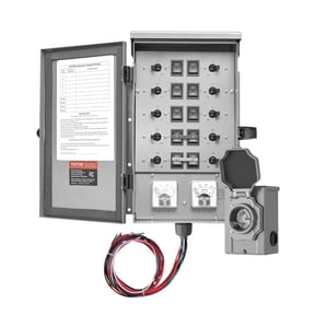 VEVOR Manual Transfer Switch, 30-Amp 10-Circuit, Prewired Generator Transfer Switch Kit with NEMA L14-30P Power Inlet Box, Double-Throw Switch, NEMA 3R, Mechanical Watt Meter, for 7500W Generators