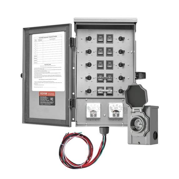 VEVOR Manual Transfer Switch, 30-Amp 10-Circuit, Prewired Generator Transfer Switch Kit with NEMA L14-30P Power Inlet Box, Double-Throw Switch, NEMA 3R, Mechanical Watt Meter, for 7500W Generators