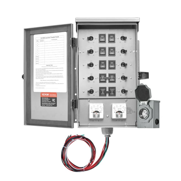 VEVOR Manual Transfer Switch, 50-Amp 10-Circuit, Prewired Generator Transfer Switch Kit with CS6375 Plug Power Inlet Box, Double-Throw Switch, NEMA 3R, Mechanical Watt Meter, for 12500W Generators