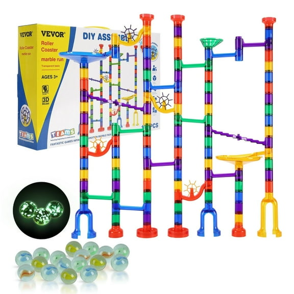 VEVOR Marble Run Set, 145 Piece Marble Maze Building Block Brain Game, with 5 Glow in the Dark Marbles + 40 Glass Marbles, Educational Learning Race Track STEM Toys, for Kids, Boys, Girls Ages 3 +